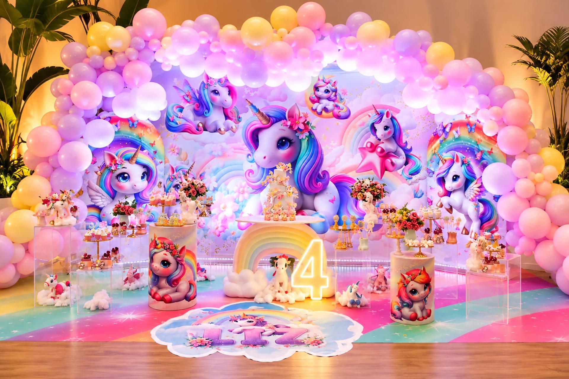 Painel sublimado de unicórnio com arco de balões, cilindros e tapete montados na festa