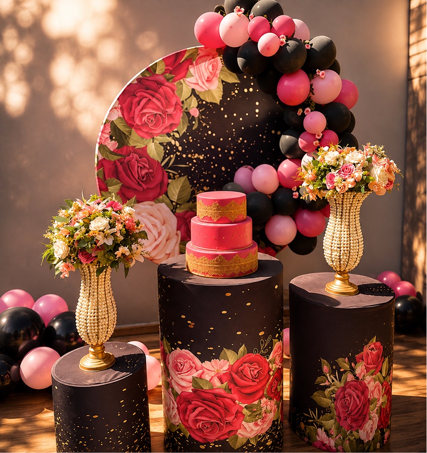 Painel sublimado preto com rosas e dourado e capa de cilindro combinando