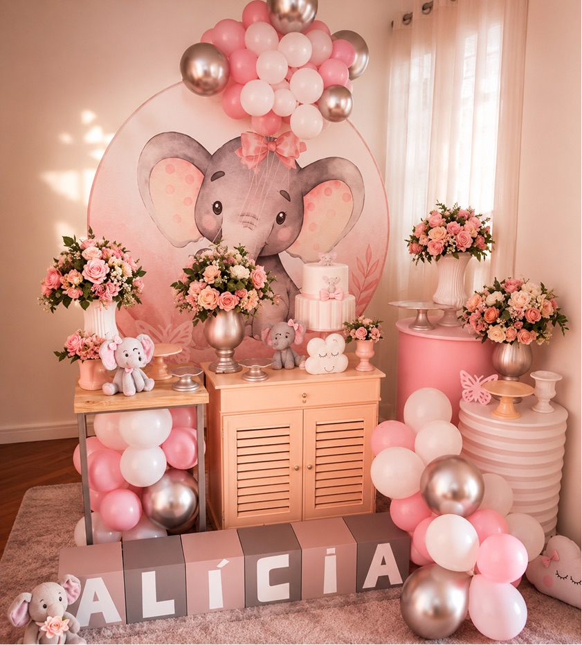 Painel sublimado de elefantinha rosa com balões e flores na mesa do bolo