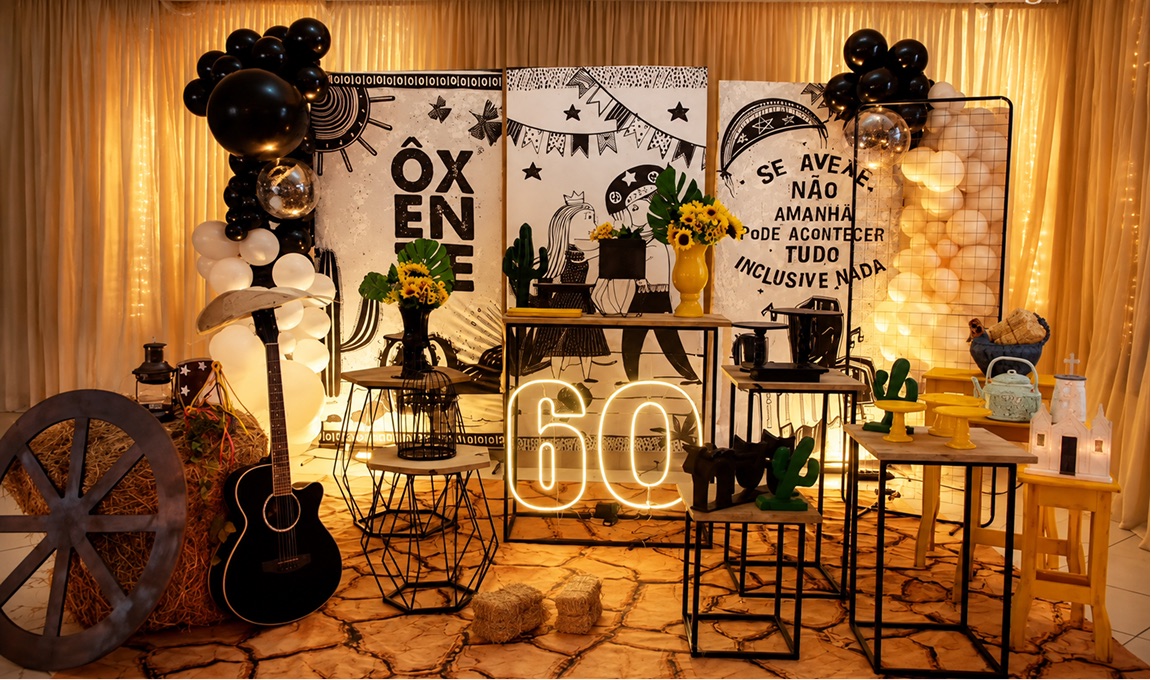 Painel sublimado preto e branco de festa de 60 anos com letreiro neon