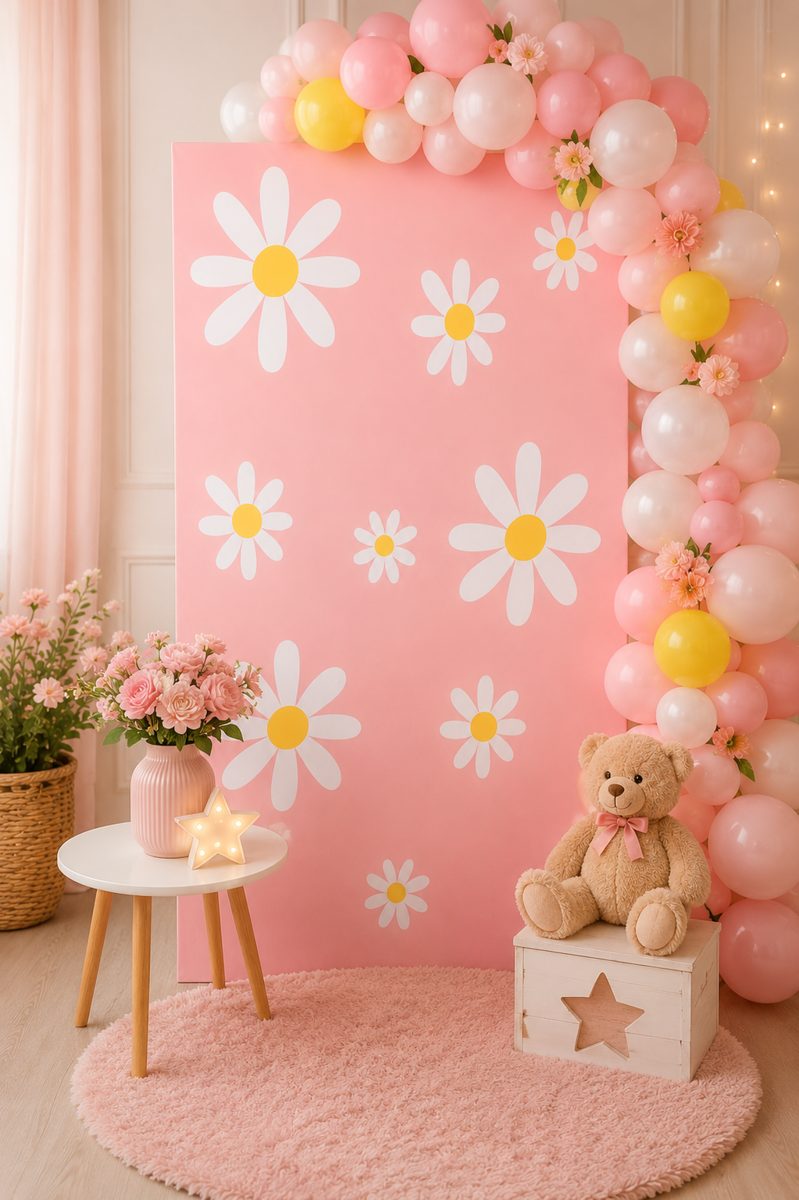 Painel sublimado rosa com margaridas em festa decorada com balões
