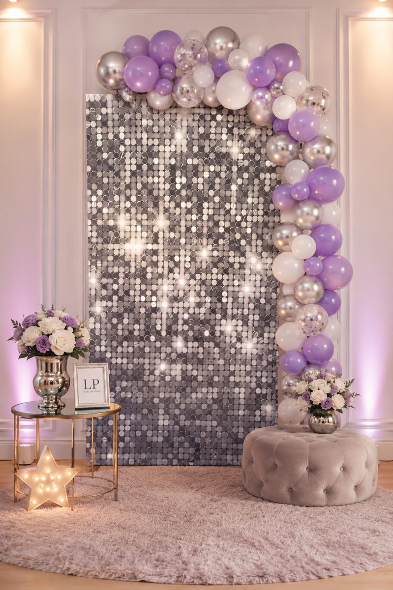 Painel sublimado de lantejoulas prateadas com arco de balões em festa decorada