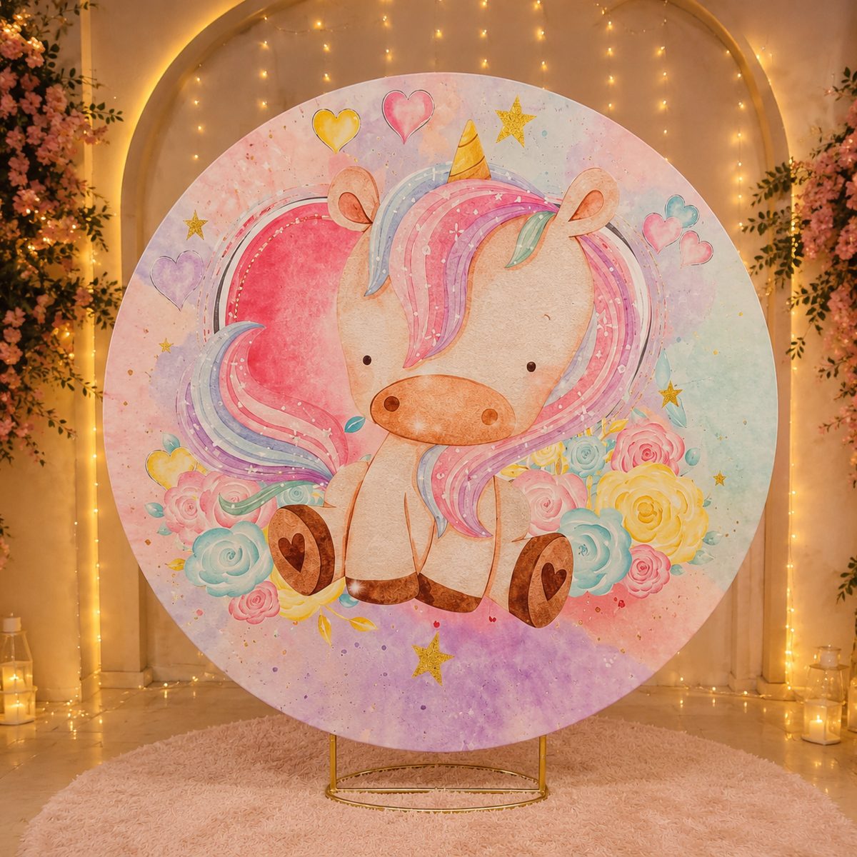 Painel sublimado redondo de unicórnio em tons pastel iluminado na festa