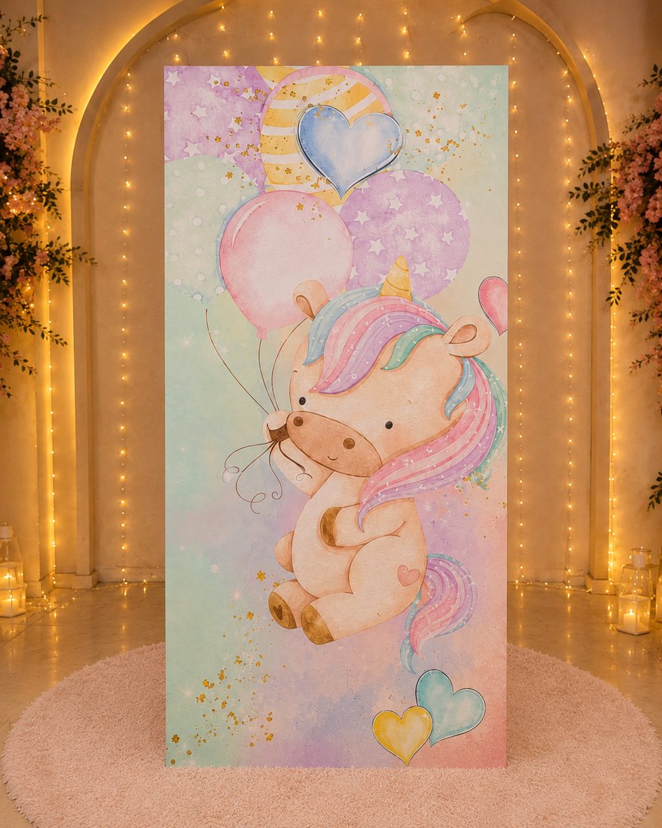 Painel sublimado retangular de unicórnio com balões em tons pastel