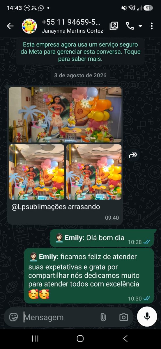 Print de conversa no WhatsApp com cliente agradecendo o atendimento da LP Sublimados