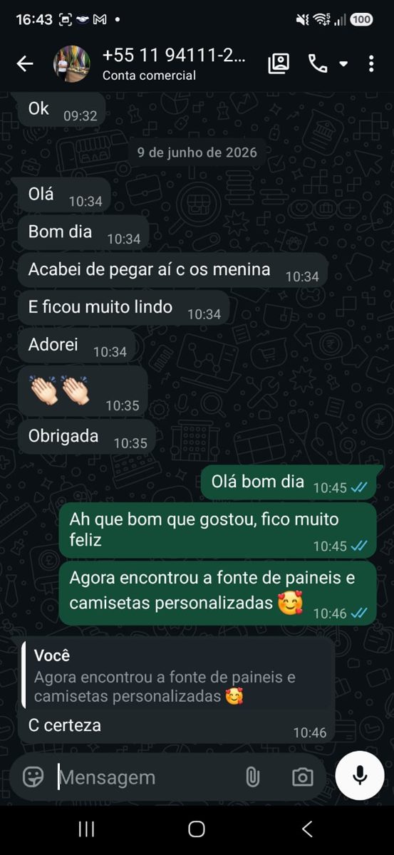 Print de conversa no WhatsApp com foto da festa montada com o painel