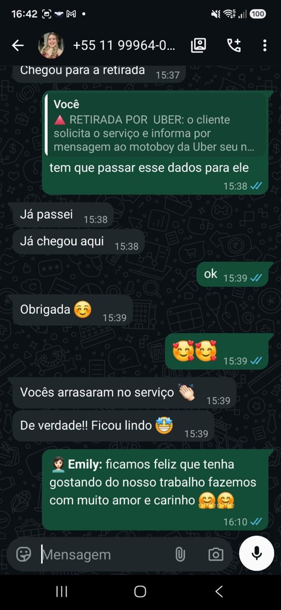 Print de conversa no WhatsApp de cliente elogiando as cores do painel sublimado